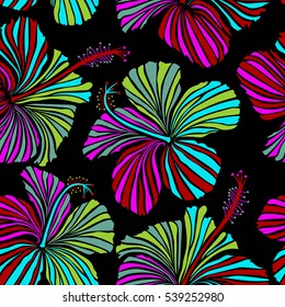 Pattern on a black background in magenta, blue and red colors. Vector vintage seamless tropical hibiscus flowers.