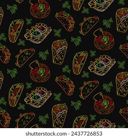 Pattern on black background with Mexican food. Vector contour drawings isolated on black background. Unique retro print design for textile, wallpaper, interior, wrapping