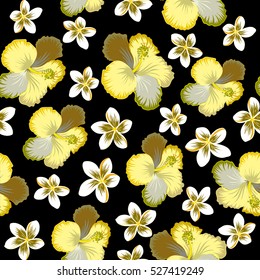 Pattern on a black background in neutral, yellow and brown colors. Vector vintage seamless tropical hibiscus flowers.