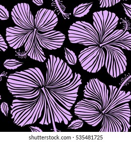 Pattern on a black background in neutral colors. Vector vintage seamless tropical hibiscus flowers.