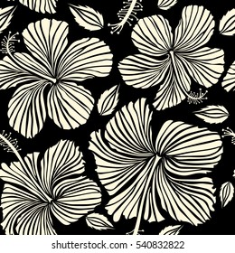 Pattern on a black background in neutral colors. Vector vintage seamless tropical hibiscus flowers.