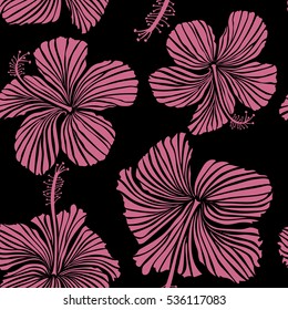 Pattern on a black background in pink colors. Vector vintage seamless tropical hibiscus flowers.