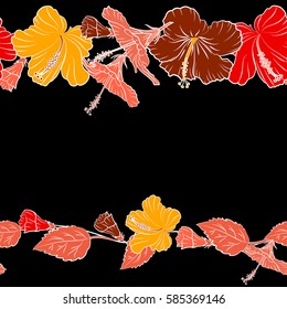Pattern on a black background in red, yellow and orange colors and copy space (place for your text). Horizontal vector vintage tropical hibiscus flowers.