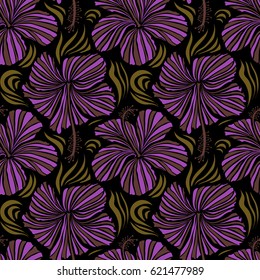 Pattern on a black background in violet and brown colors. Vector vintage seamless tropical hibiscus flowers.