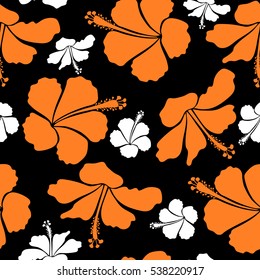 Pattern on a black background in white and orange colors. Vector vintage seamless tropical hibiscus flowers.