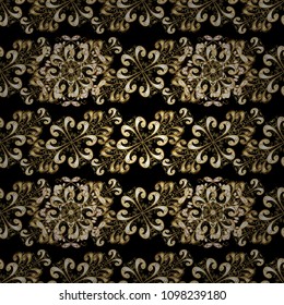 Pattern on black, beige and brown colors. Vector golden mehndi seamless pattern. Ornamental floral elements with henna tattoo, golden stickers, mehndi and yoga design, cards and prints.