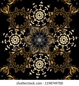 Pattern on black, brown and beige colors. Vector golden mehndi seamless pattern. Ornamental floral elements with henna tattoo, golden stickers, mehndi and yoga design, cards and prints.