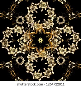 Pattern on black and brown colors. Vector golden mehndi seamless pattern. Ornamental floral elements with henna tattoo, golden stickers, mehndi and yoga design, cards and prints.