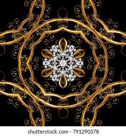 Pattern on black colors with golden elements. Vector golden mehndi seamless pattern. Ornamental floral elements with henna tattoo, golden stickers, mehndi and yoga design, cards and prints.