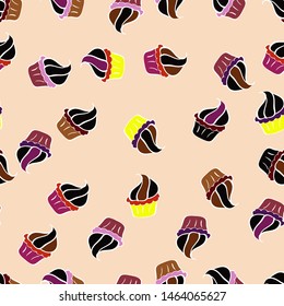 Pattern on black, white and beige. Vector illustration. Seamless of Variety Muffins, Poppy seed, Chocolate Chip, Pumpkin Cream, Chocolate and Delicious Breakfast or Dessert Muffins.