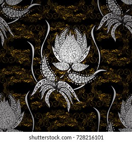 Pattern on black, white and brown colors with golden elements. Vector golden mehndi seamless pattern. Ornamental floral elements with henna tattoo, golden stickers, mehndi and yoga design, prints.
