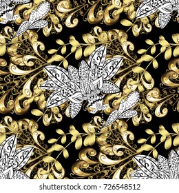 Pattern on black, white and yellow colors with golden elements. Furniture in classic style. Carving. Seamless element woodcarving. Patina. Black, white and yellow tree with gold trim.