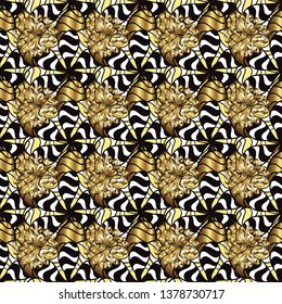 Pattern on black and yellow colors. Vector golden mehndi seamless pattern. Ornamental floral elements with henna tattoo, golden stickers, mehndi and yoga design, cards and prints.
