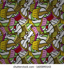 Pattern on black, yellow and white. Seamless of Variety Muffins, Poppy seed, Chocolate Chip, Pumpkin Cream, Chocolate and Delicious Breakfast or Dessert Muffins. Vector illustration.