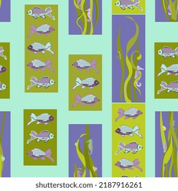 a pattern on a blue background of colorful fish and seahorses in algae