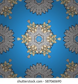 Pattern on blue background with golden elements. Luxury furniture. Patina. Blue tree with gold trim. Seamless element woodcarving. Carving. Small depth of field. Furniture in classic style.