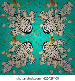 Pattern on blue background with golden elements. Vector golden mehndi pattern. Ornamental floral elements with henna tattoo, golden stickers, mehndi and yoga design, cards and prints.