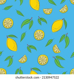 Pattern on a blue background with lemon and lemon slices.