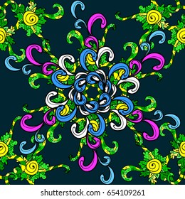 Pattern on blue background with ornamental elements. Patina. Seamless elements. Furniture in classic style. Colorful tree with superb trim. Small depth of field. Luxury furniture. Carving.
