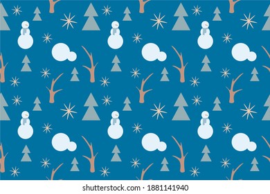 Pattern on a blue background. Snowmen, Snowflakes, spruce, tree without leaves. texture