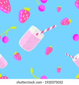pattern on blue background with strawberry milkshake, strawberries and cherries in cartoon style. vector illustration.