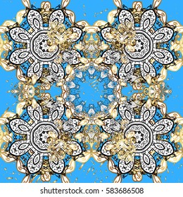 Pattern on blue background. Vector golden mehndi. Ornamental floral elements with henna tattoo, golden stickers, mehndi and yoga design, cards and prints.