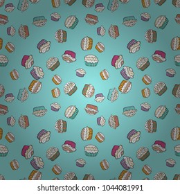 Pattern on blue, white and beige. Vector illustration. Seamless of Variety Muffins, Poppy seed, Chocolate Chip, Pumpkin Cream, Chocolate and Delicious Breakfast or Dessert Muffins.