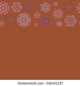Pattern on brown background with copy space (place for your text). Horizontal design. Vector seamless background for Christmas with decorative snowflakes.