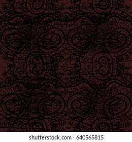 Pattern on brown background with dark elements. Vector. Brilliant lace, stylized flowers, paisley. Openwork delicate dark pattern. Dark texture curls. Oriental style arabesques.
