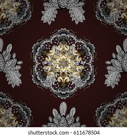 Pattern on brown background with golden elements. Patina. Brown tree with gold trim. Small depth of field. Carving. Furniture in classic style. Seamless element woodcarving. Luxury furniture.