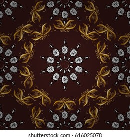 Pattern on brown background with golden elements. Carving. Luxury furniture. Patina. Seamless element woodcarving. Furniture in classic style. Small depth of field. Brown tree with gold trim.