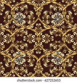 Pattern on brown background with golden elements. Classic vector golden pattern. Classic vintage background. Traditional orient ornament.