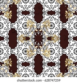 Pattern on brown background with golden elements. Traditional orient ornament. Classic vector golden pattern. Classic vintage background.