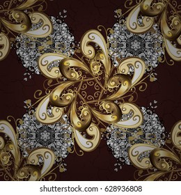 Pattern on brown background with golden elements. Patina. Seamless element woodcarving. Luxury furniture. Carving. Brown tree with gold trim. Small depth of field. Furniture in classic style.