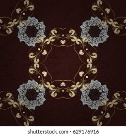 Pattern on brown background with golden elements. Classic vintage background. Vector illustration. Traditional orient ornament. Classic vector golden pattern.