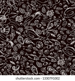 Pattern on a brown background with seafood and fish contour. white contour on a color background. Seamless image with sea inhabitants. Drawn by hand.