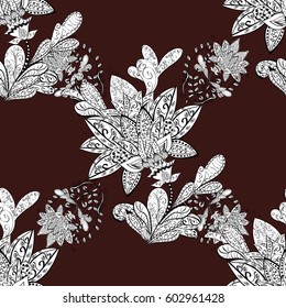 Pattern on brown background. Vector white mehndi seamless pattern. Ornamental floral elements with henna tattoo, white stickers, mehndi and yoga design, cards and prints.