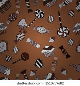 Pattern on brown, black and neutral. Vector illustration. Seamless of Variety Muffins, Poppy seed, Chocolate Chip, Pumpkin Cream, Chocolate and Delicious Breakfast or Dessert Muffins.