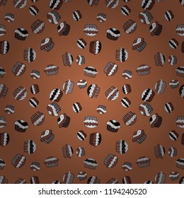 Pattern on brown, white and black. Vector illustration. Seamless of Variety Muffins, Poppy seed, Chocolate Chip, Pumpkin Cream, Chocolate and Delicious Breakfast or Dessert Muffins.