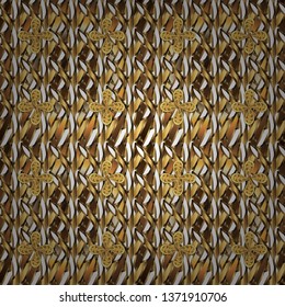 Pattern on brown and yellow colors. Ornamental floral elements with henna tattoo, golden stickers, mehndi and yoga design, cards and prints. Vector golden mehndi seamless pattern.