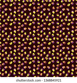 Pattern on brown, yellow and purple. Seamless of Variety Muffins, Poppy seed, Chocolate Chip, Pumpkin Cream, Chocolate and Delicious Breakfast or Dessert Muffins. Vector illustration.
