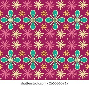 Pattern On A Burgundy Background Geometrical Flowers And Starburst Shapes, Perfect For Textiles Or Digital Designs.