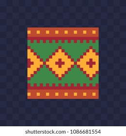 Pattern on cloth arabian carpet pixel art icon, isolated vector illustration. Game assets 8-bit sprite. Design stickers, logo, mobile app.