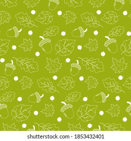 Pattern on a colored background with leaves, berries and acorns. Outline drawing. Vector illustration. For packaging, fabric, decorative elements.