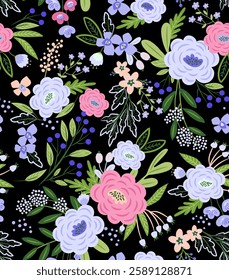 pattern on a colorful background with a wild flowers of different sizes artwork for tattoo, fabrics, souvenirs, packaging, greeting cards and scrapbooking
