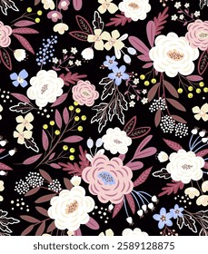 pattern on a colorful background with a wild flowers of different sizes artwork for tattoo, fabrics, souvenirs, packaging, greeting cards and scrapbooking