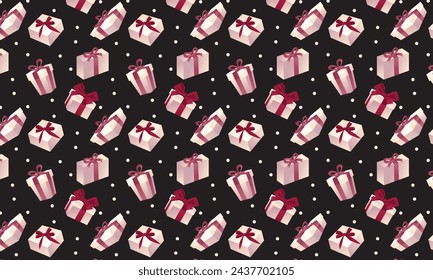 Pattern on a dark background with gift boxes. Gifts with ribbon bows. Seamless vector pattern. Wallpaper, pattern, textile pattern, poster, web banner, discounts and promotions