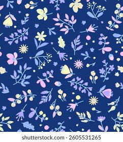 pattern on a dark blue background with a  wild  flowers of different sizes artwork for tattoo, fabrics, souvenirs, packaging, greeting cards and scrapbooking
