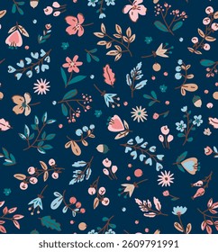 pattern on a dark blue background with a  wild  flowers of different sizes artwork for tattoo, fabrics, souvenirs, packaging, greeting cards and scrapbooking