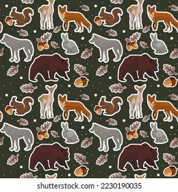 A pattern on a dark green background with forest animals and acorns. Animals with a white outline, like stickers. Suitable for printing on paper and textiles. Gift wrapping, children's clothing.